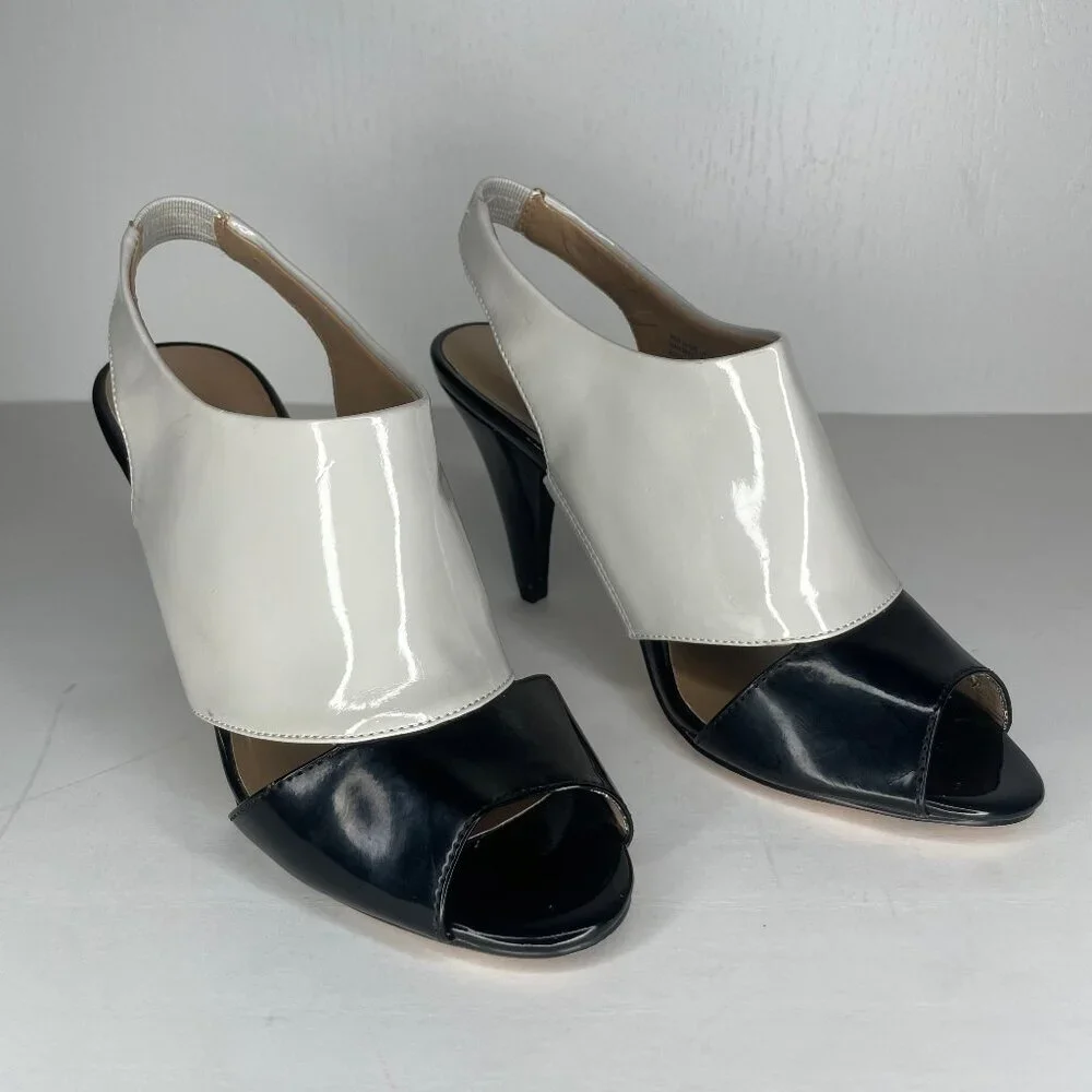 ANN TAYLOR Whimsigoth Mod Patent Colorblock Peep Toe Slingback Sandals Heels 6M